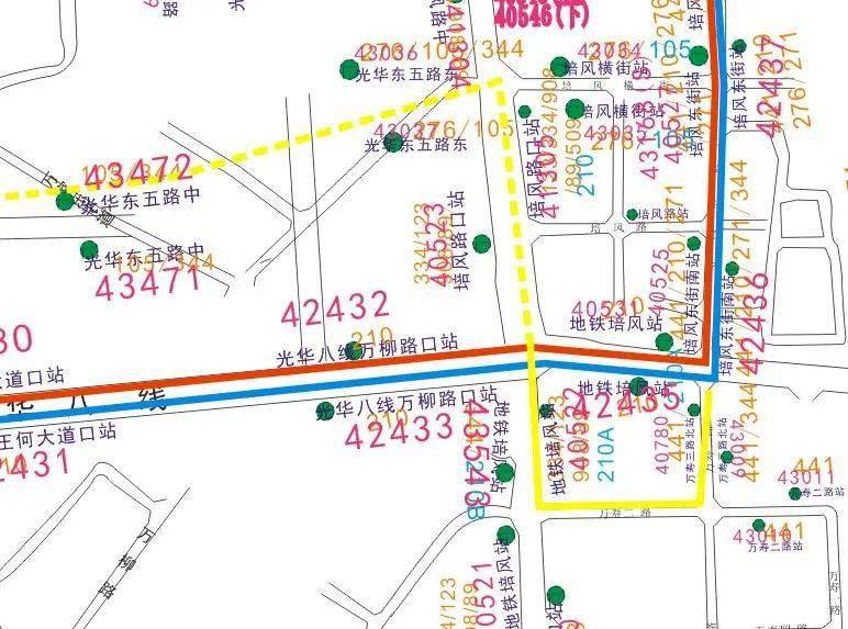 线路走向:万家湾公交站至光华八线万柳路口站行驶路线及站点不变