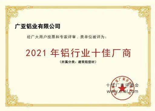 广亚铝业蝉联"十佳厂商"荣誉榜!