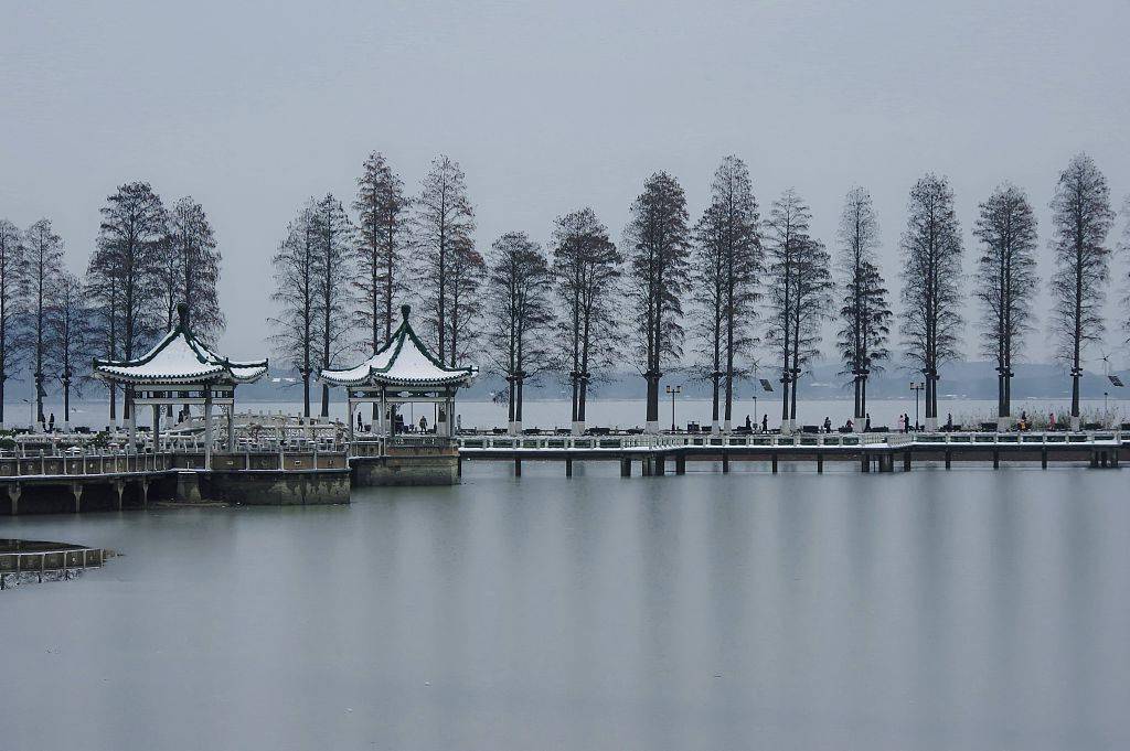 图为武汉东湖碧潭观鱼雪景.