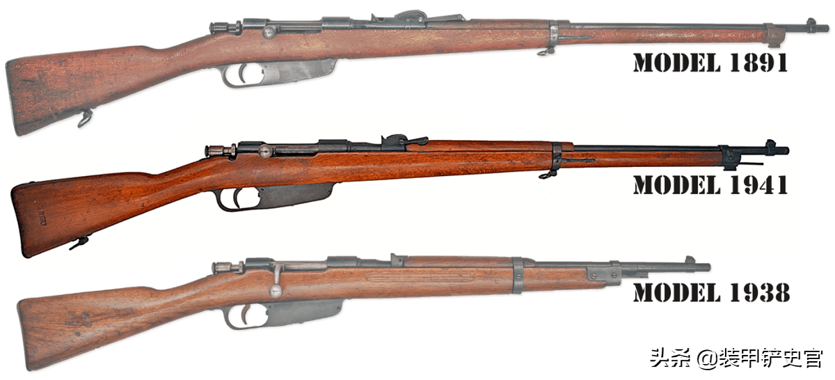 卡尔卡诺系列三款步枪的对比,自上而下分别为m1891型,m91/41型和m