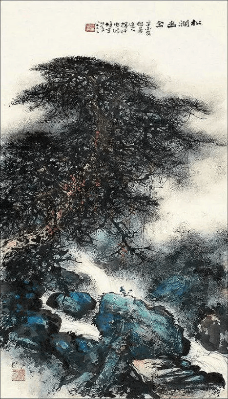 黎雄才松树山水画,意境很美_美术