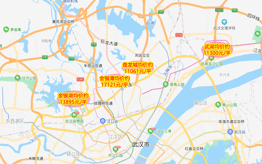 盘龙城价格低于其他三个区域,比金银湖低了6000元/平不止.