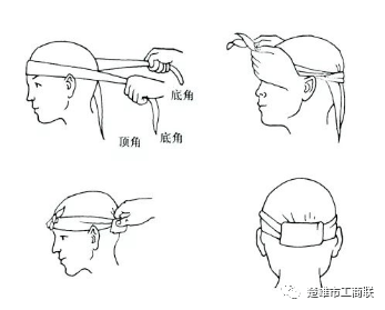 头部帽式包扎法头,耳部风帽式包扎法:将三角巾顶角打一个结,置于前额