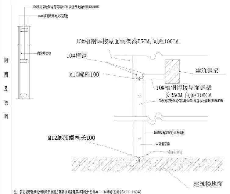 轻钢龙骨防火隔墙节点图△