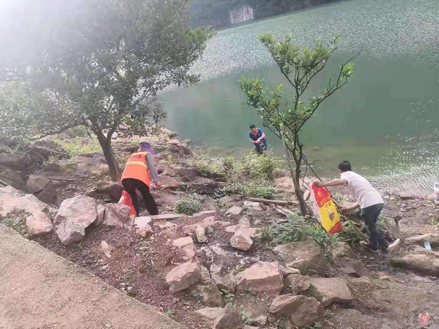 志愿者清理河道沿线白色垃圾