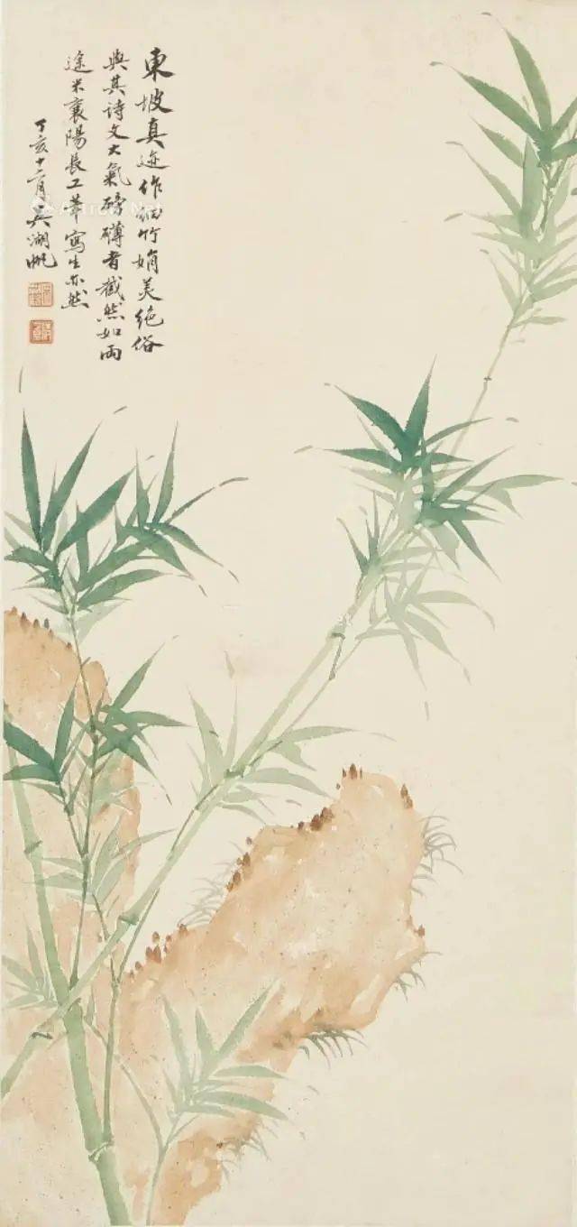 他写翠竹,笔墨潇洒疏落,设色飘逸隽秀,妙绝_吴湖帆