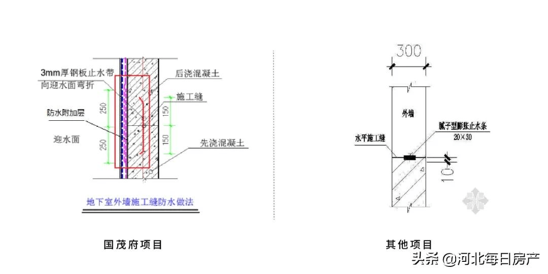 1,地下室外墙施工缝对比照片