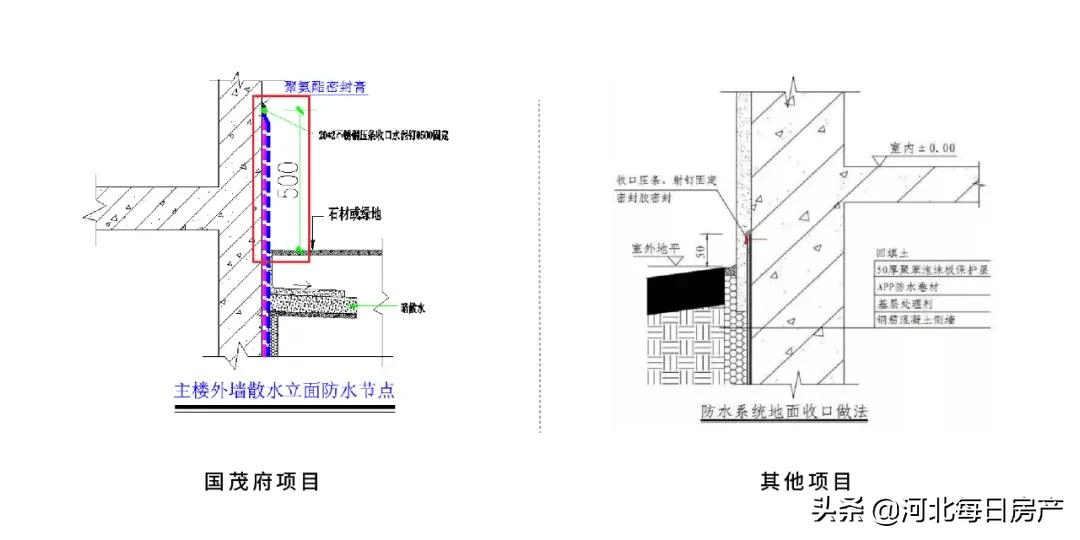4,主楼外墙散水立面防水节点做法对比照片