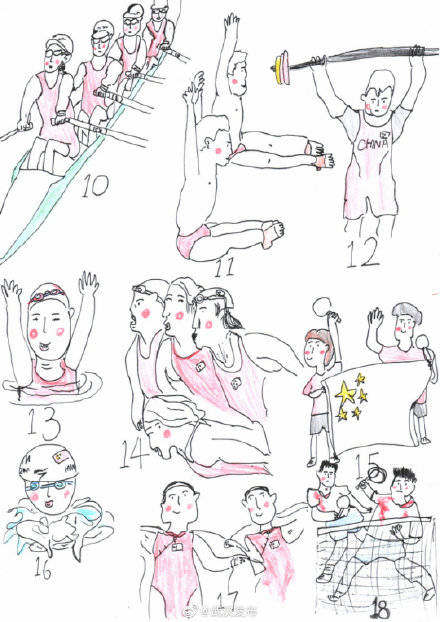 6岁的武汉小女孩萌萌@爱画画的萌萌 晒出她手绘的中国奥运健儿夺金