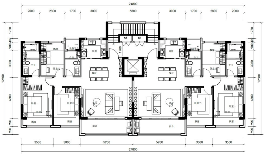 从21#楼标准层平面图可以看出,该楼层为 一梯两户设计,主力户型为