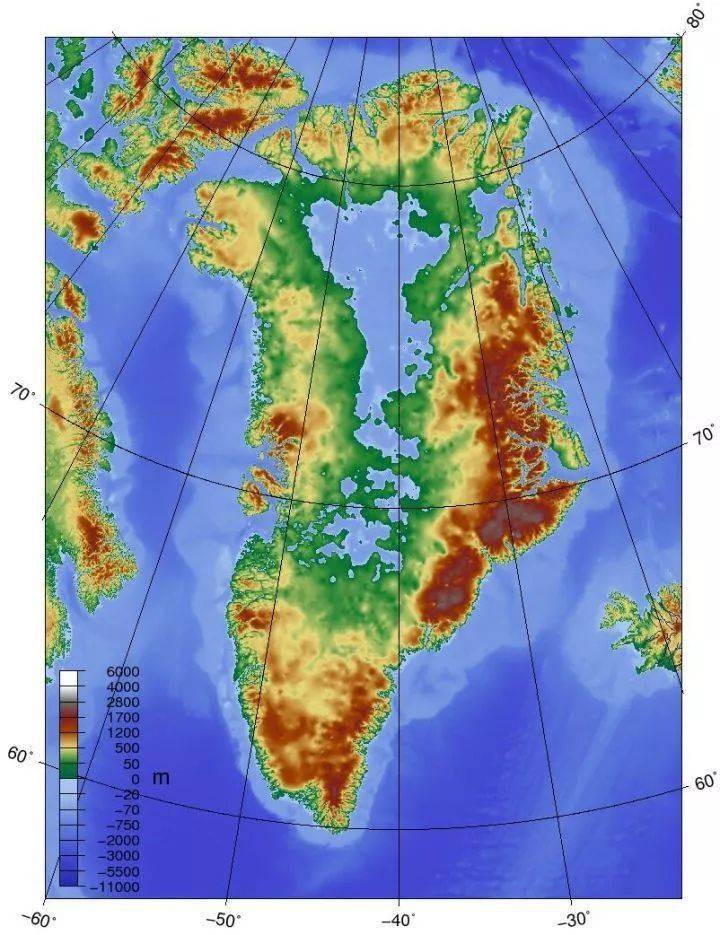 (格陵兰岛地形图)但是,格陵兰岛对于人类的价值,绝对大于火星和月球