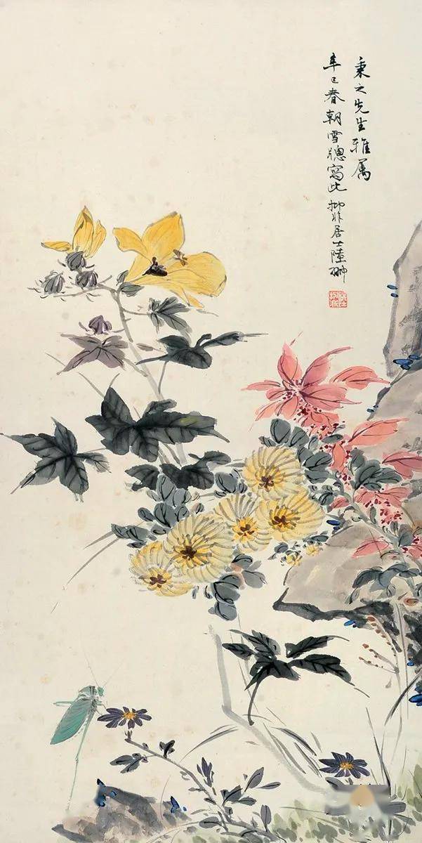 陆抑非所作花鸟题材广泛,花卉,蔬果,禽鸟在其笔下皆栩栩如生,他以书入
