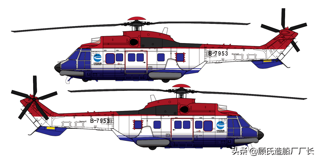 本厂长绘制的中信海直b-7953号直升机双面侧视图