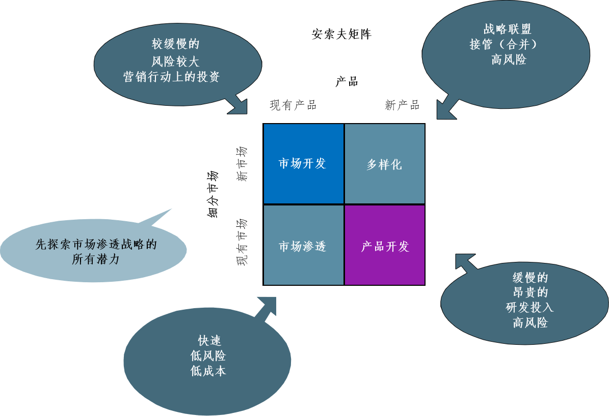 市场成熟度,如,新市场或已经建立的市场;安索夫矩阵「ansoff」提供了