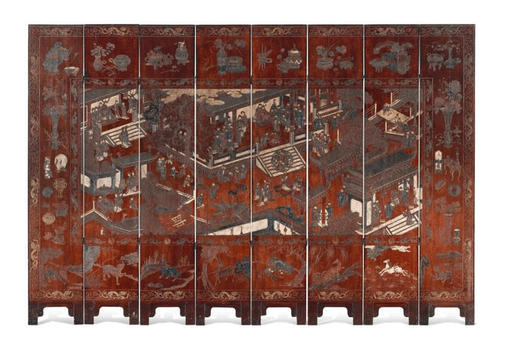 清康熙二十六年(1687)款彩祝寿图八扇屏风