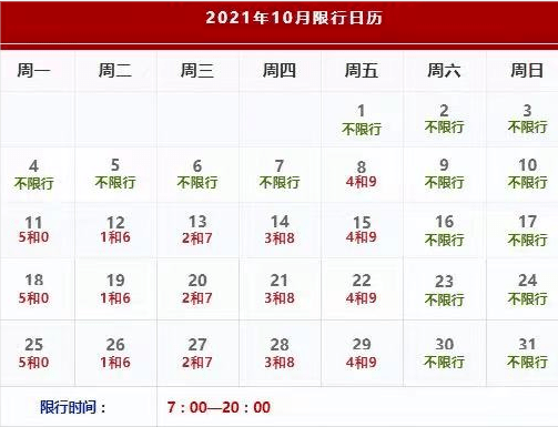 限行时间:7:00-20:00自2021年10月4日起(10月4~7日法定节假日不限行)