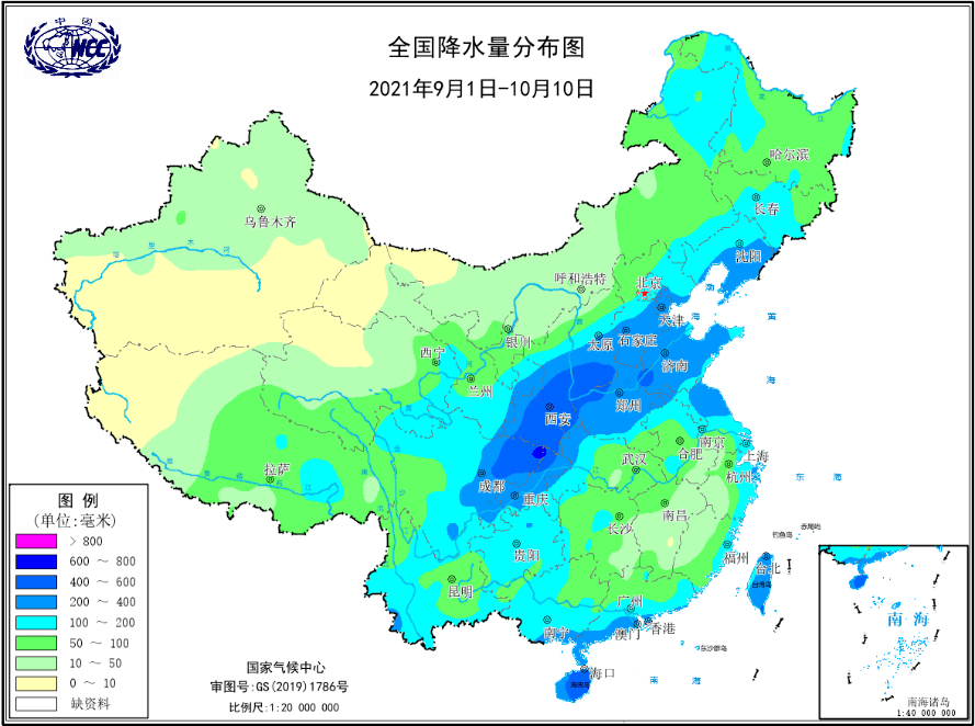 全国降水量分布图(毫米)(2021年9月1日-10月10日)