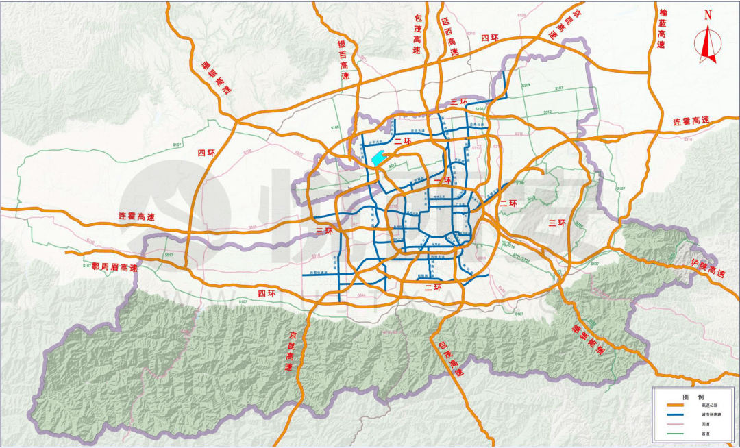 道路网络布局图推进城际铁路建设以及货运铁路的扩能改造,串联西安