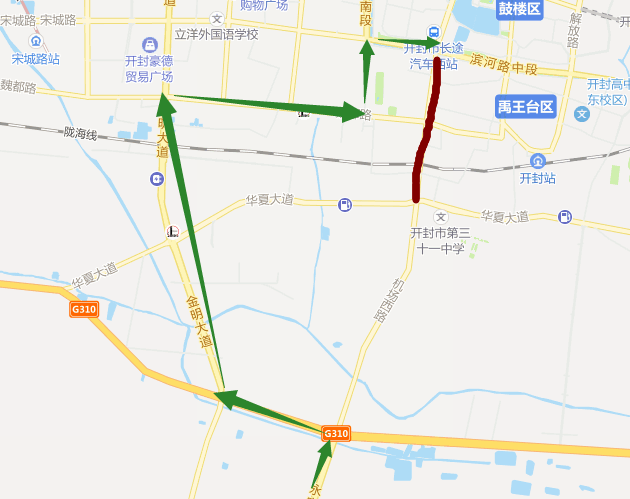 310国道→刘寺转盘正北 魏都路 大庆路 滨河路 开封西站