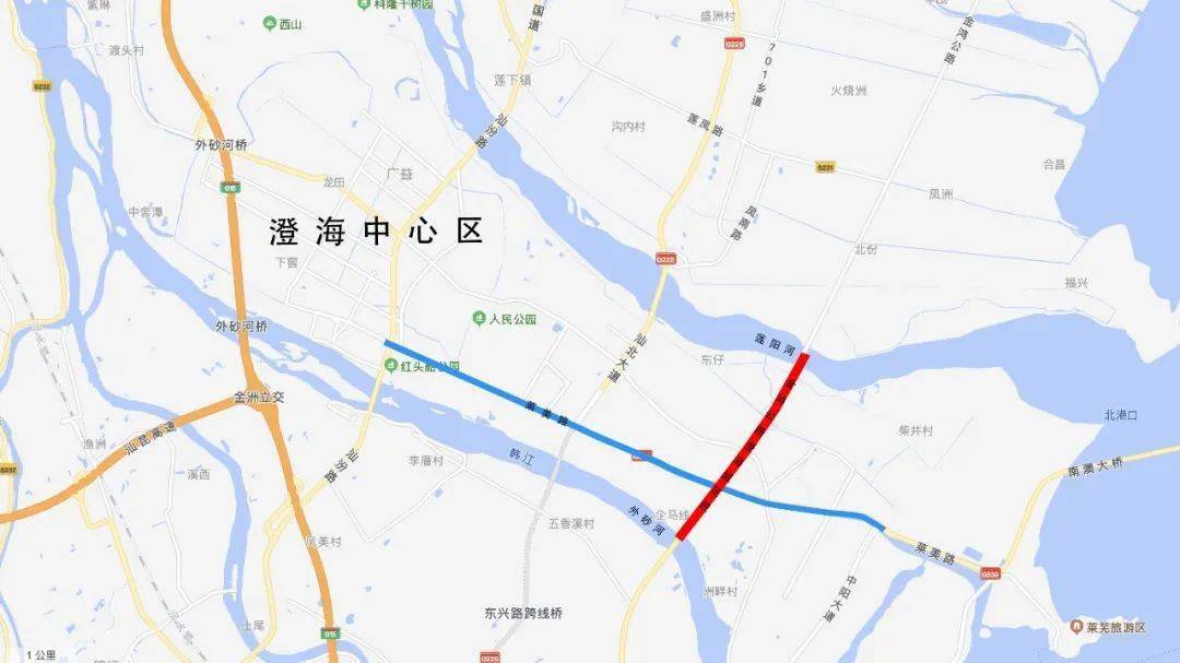 金鸿公路(澄海城区段)范围为外砂河金洲大桥至莲阳河金鸿大桥之间,全