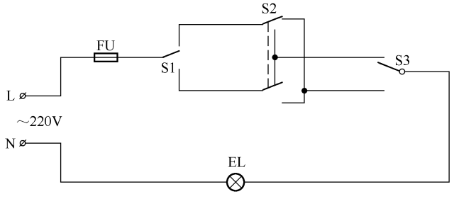 使用两个双联开关,将两个开关控制一盏灯的连接方法,之后将两开关之间