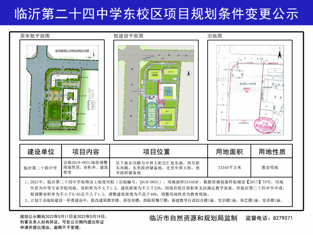 临沂第二十四中学东校区项目规划条件变更公示