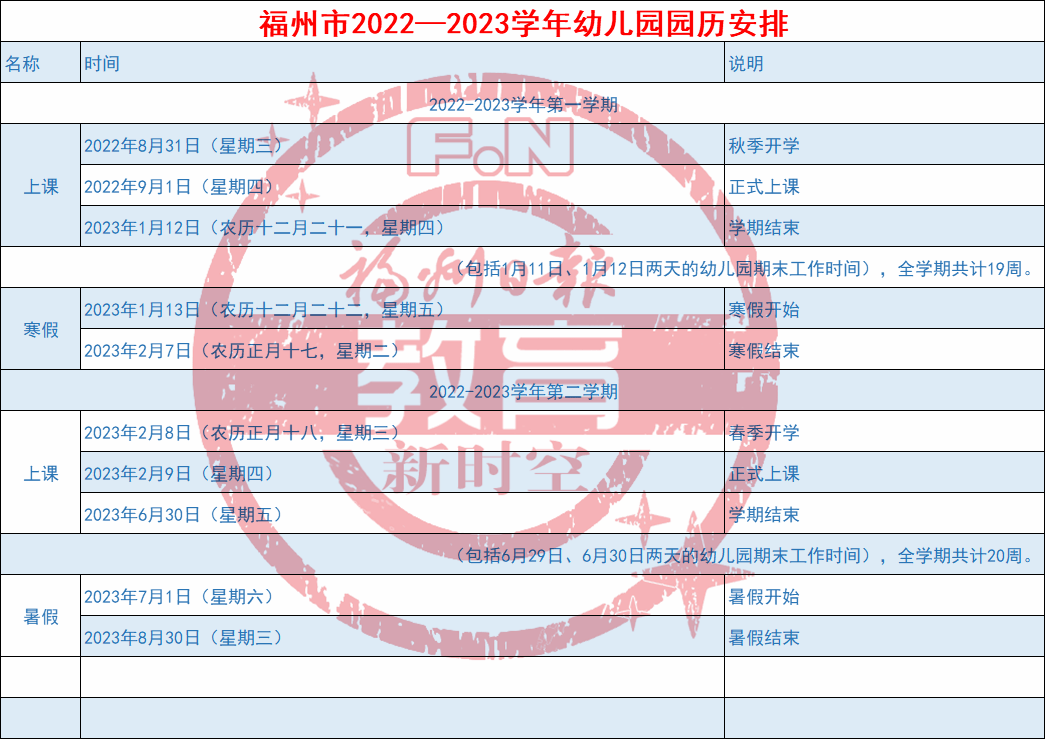 福州市2022-2023学年全日制幼儿园园历