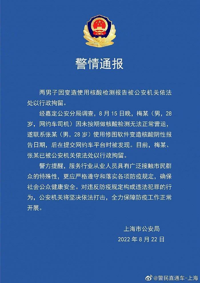 上海警方：两男子因变造使用核酸检测报告被公安机关依法处以行政拘留