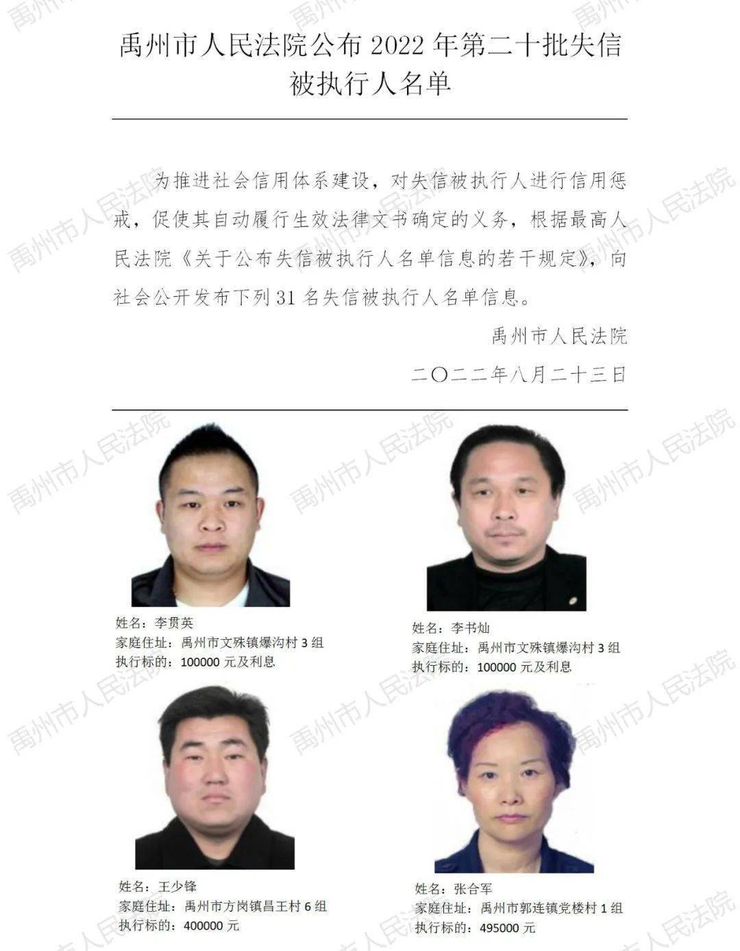 【本地】禹州市人民法院公布2022年第二十批失信被执行人名单！