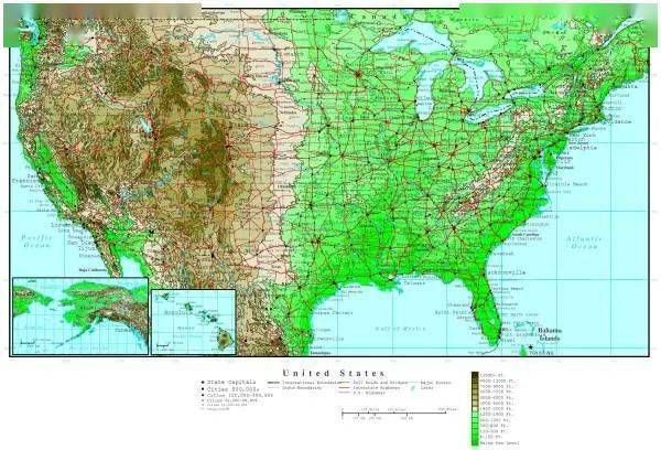 上图较为全面的介绍了美国的地理情况,如基本河流,山脉,平原,高原