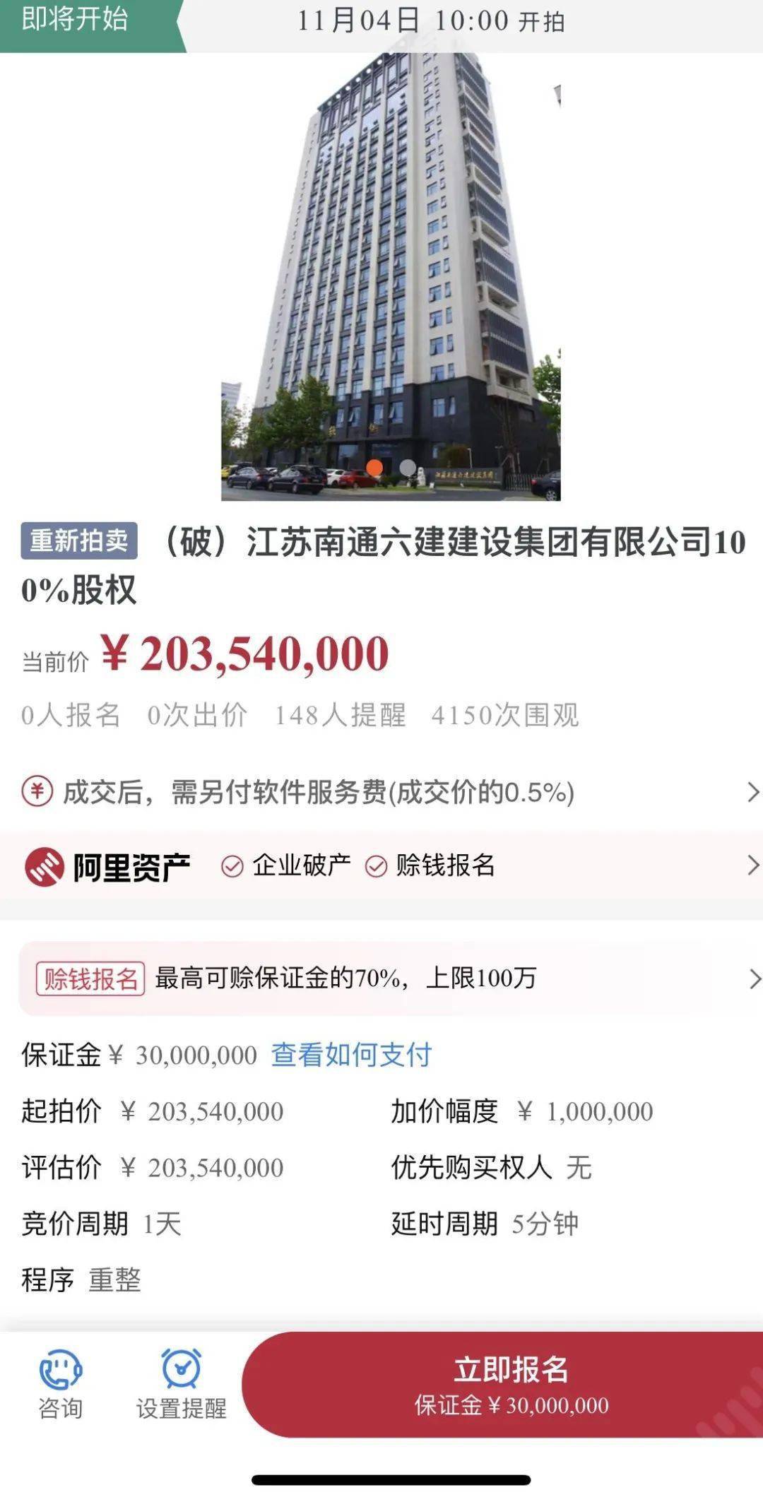 南通六建重新拍卖!3000万保证金没收了?_亚诺_股权_企业