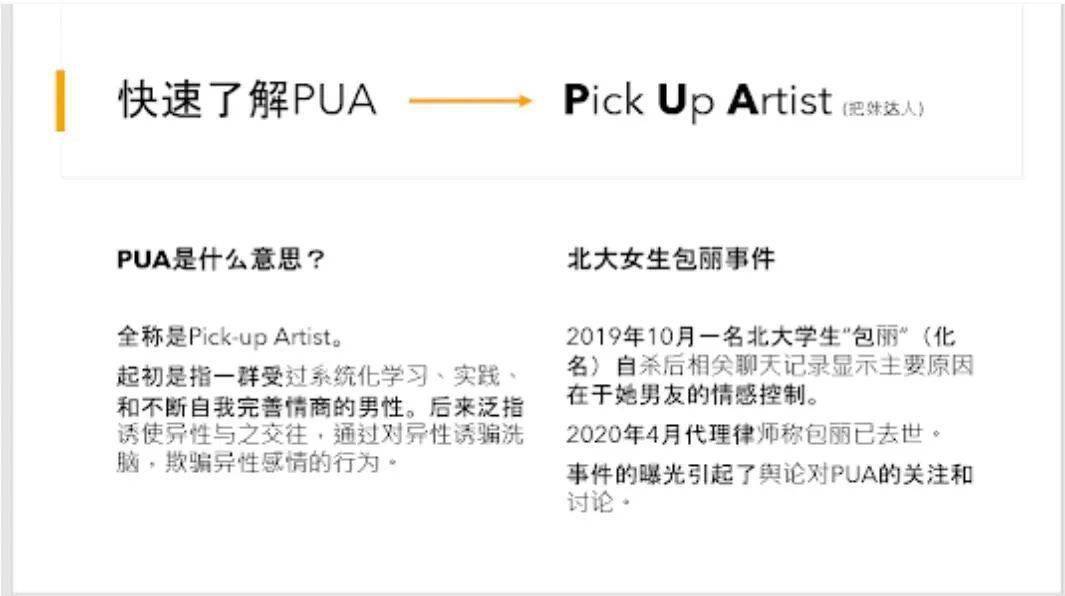 pua原意是"pick-up artist(搭讪艺术家,指男性为了搭讪异性,用学习