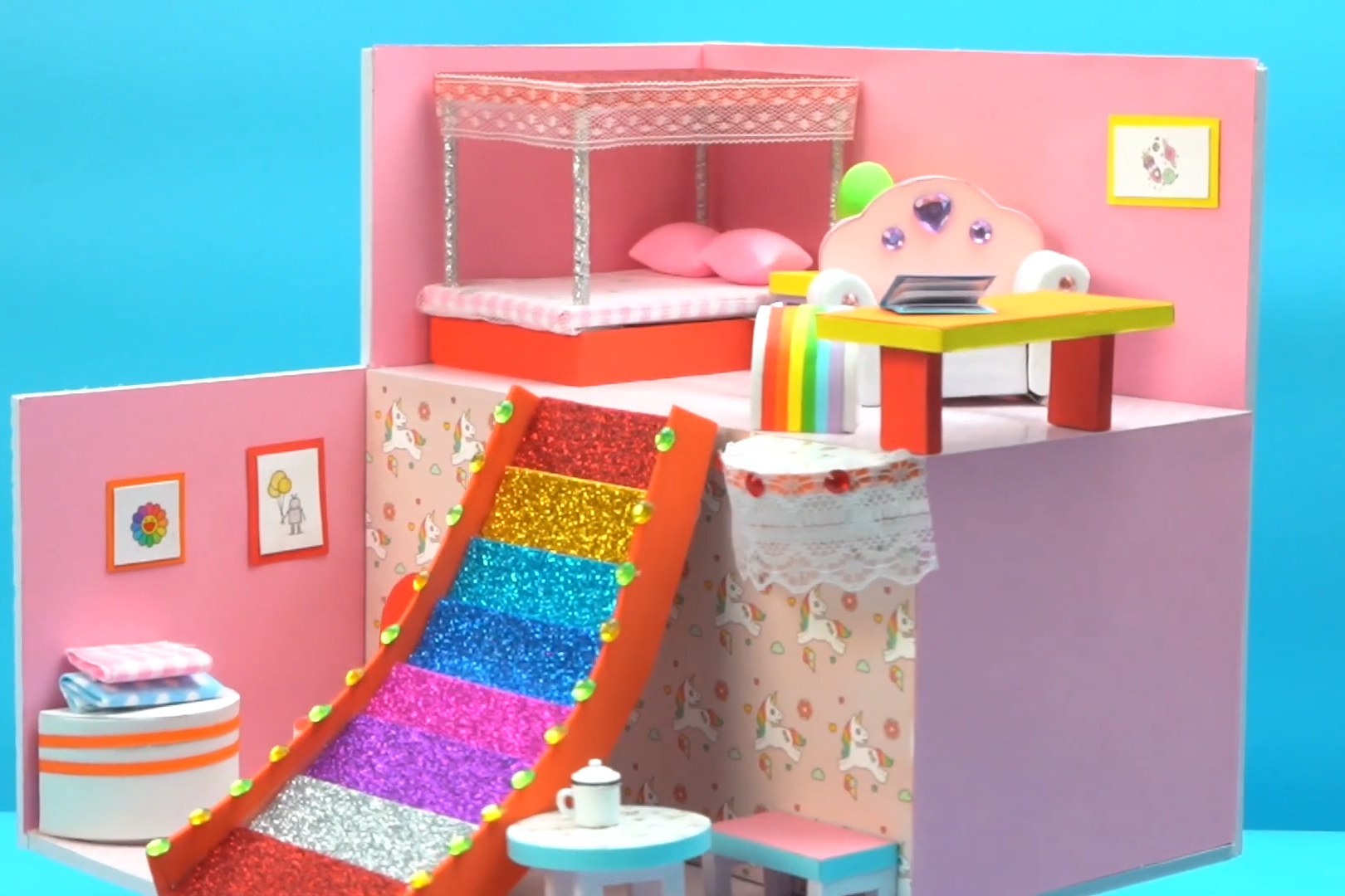diy迷你娃娃屋,简单干净的彩虹马别墅