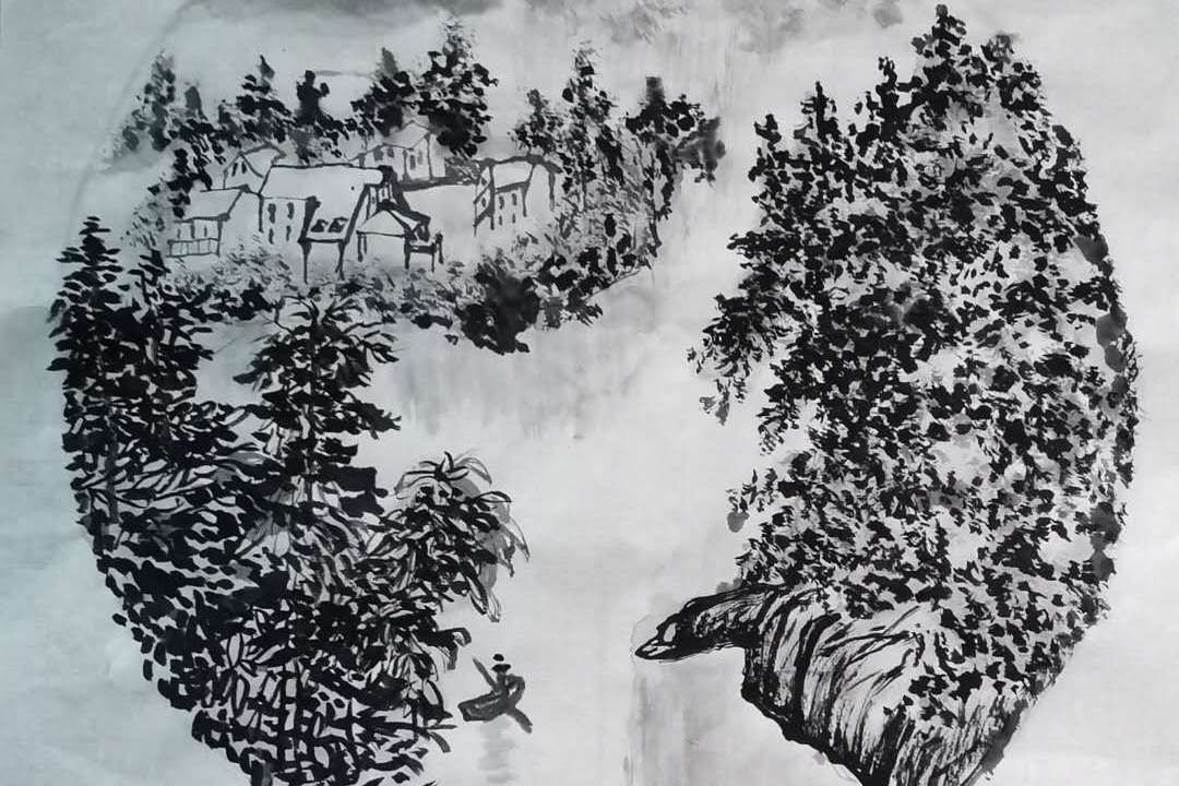 先用清水扫一下笔尖蘸墨再次晕染山水画中的倒影就这么简单