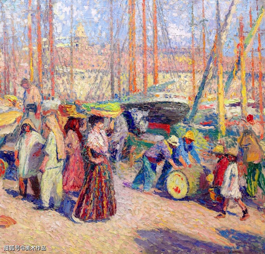 港口人物点彩画:港口游人,运输者场景画-亨利·马丁|美术作品