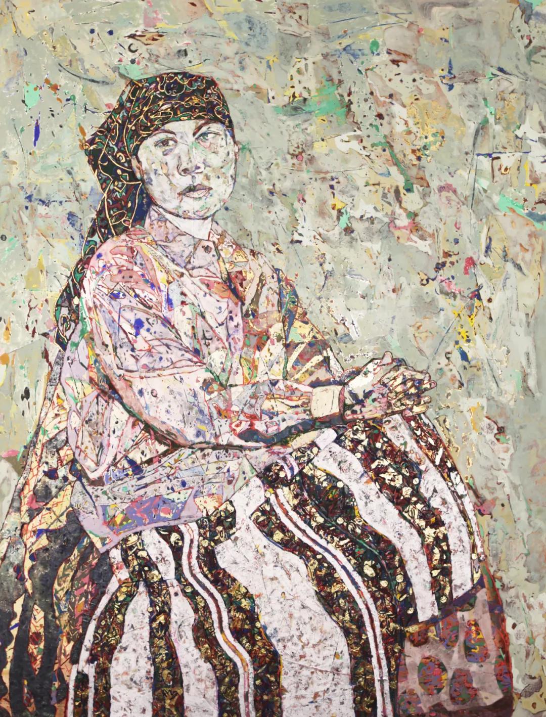 王盛《人物课写生作业》 90cm×120cm 岩彩 金属箔 2015年