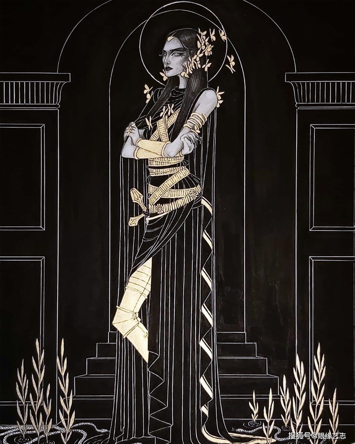 永恒的游荡:黑色,白色与金色的插画,一场埃及神话时装秀_奥芬妮·阿切