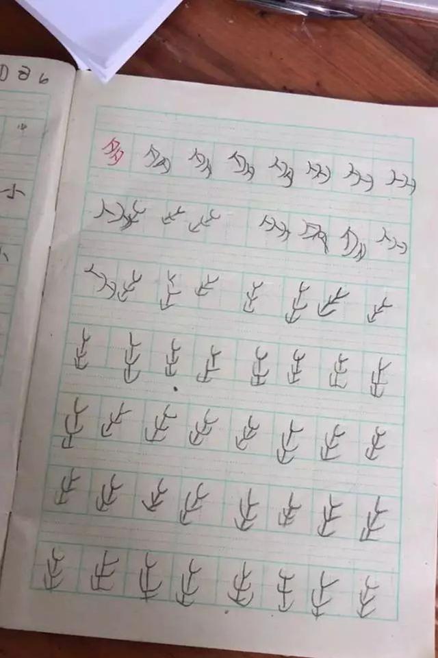 熊孩子的作业本走红,字体越写越"飘",根本认不出原本模样