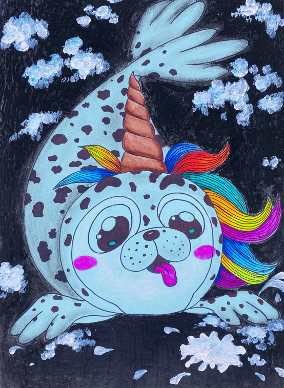 第五步:用水彩笔画出小海豹的头部装饰,舌头和红脸蛋等部位,颜色要