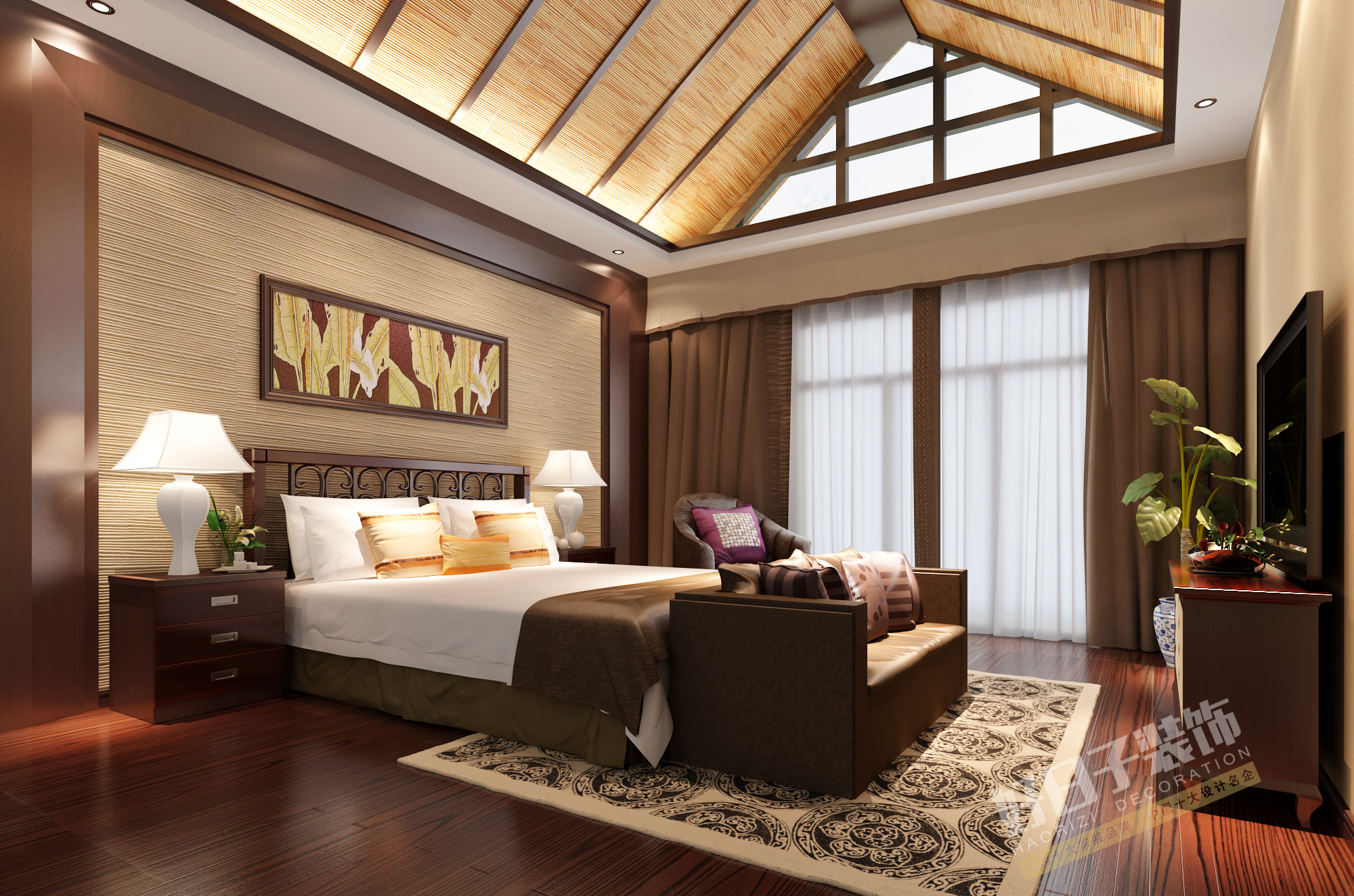 卧室的风格延续统一,三角茅草屋顶风格,让人宛如身处东南亚的夏日海滩