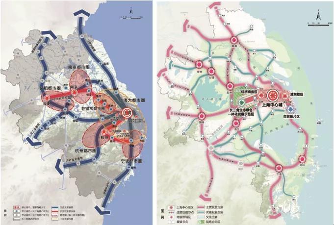 左:長三角城市群空間格局示意圖▲右:上海大都市圈空間格局示意圖