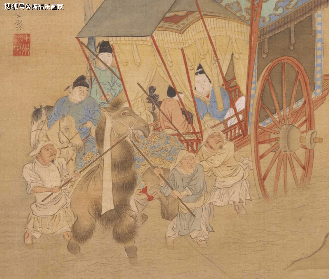 图绘马车涉水前行,车内坐着昭君和仕女,两位汉使者拥在马车旁