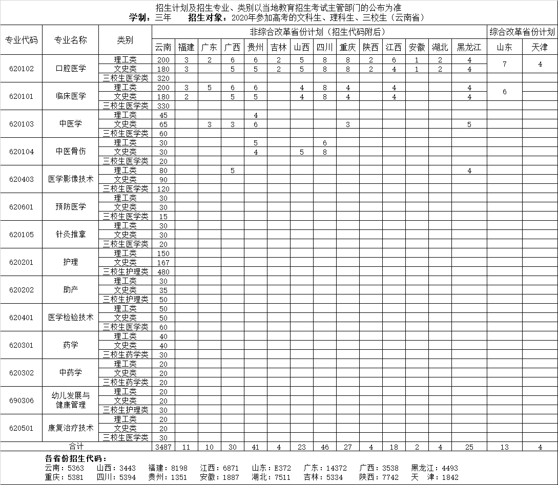 2020年昆明衛生職業學院高職專科分省招生計劃