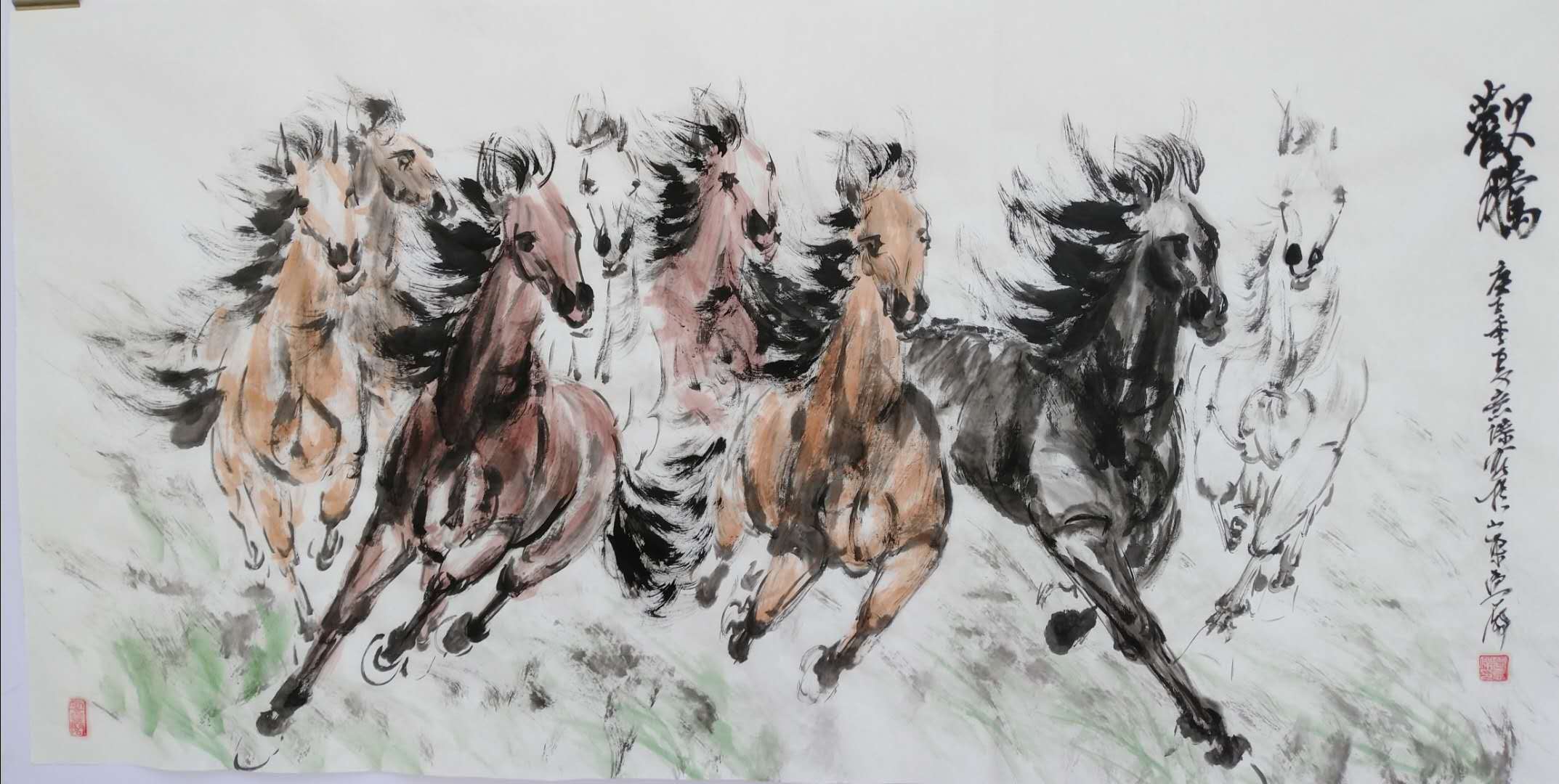 著名八骏画家周意杰原创《八骏》水墨新作
