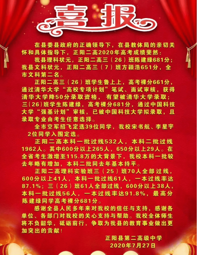 河南正阳二高2020高考喜报