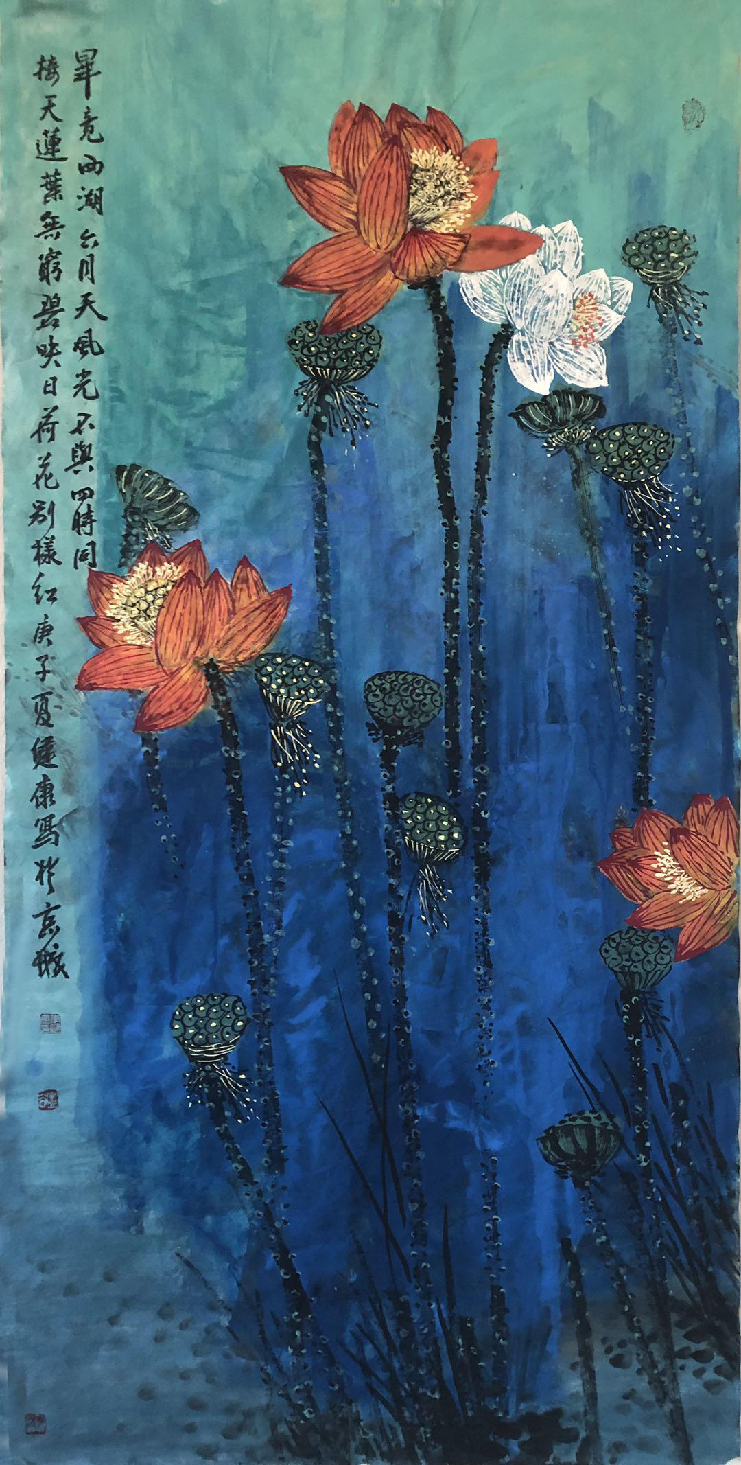 《毕竟西湖六月天》136x68cm《入暑荷花盛红光》136x68cm《不见峰头十