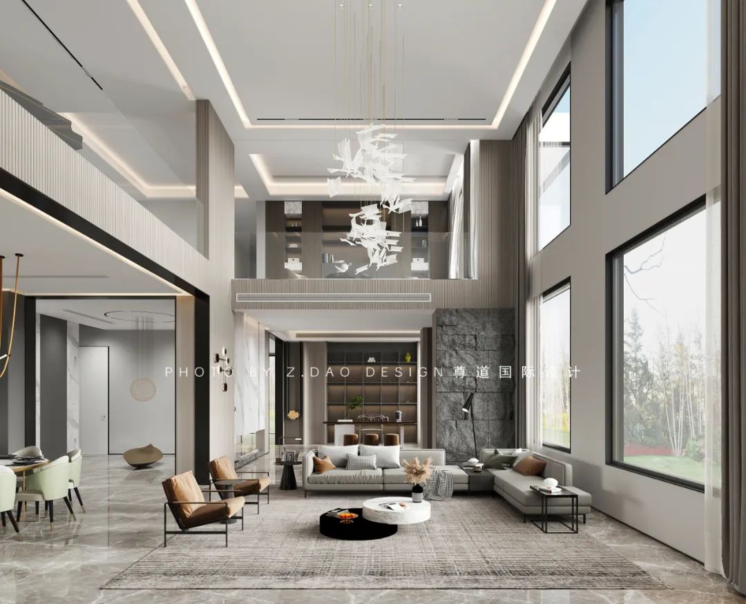 效果图会客厅的挑空也是整个别墅的豪华所在,对于挑空的设计安排