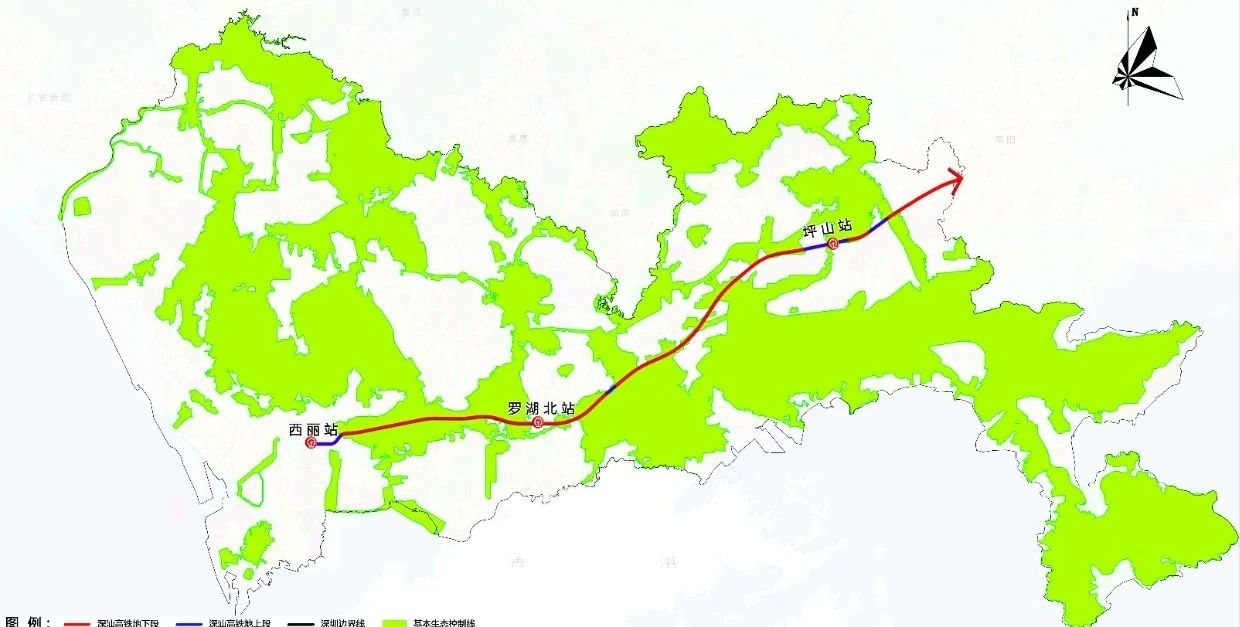 深汕高鐵深圳段線路佔用基本生態控制線情況示意圖線路涉及多處基本