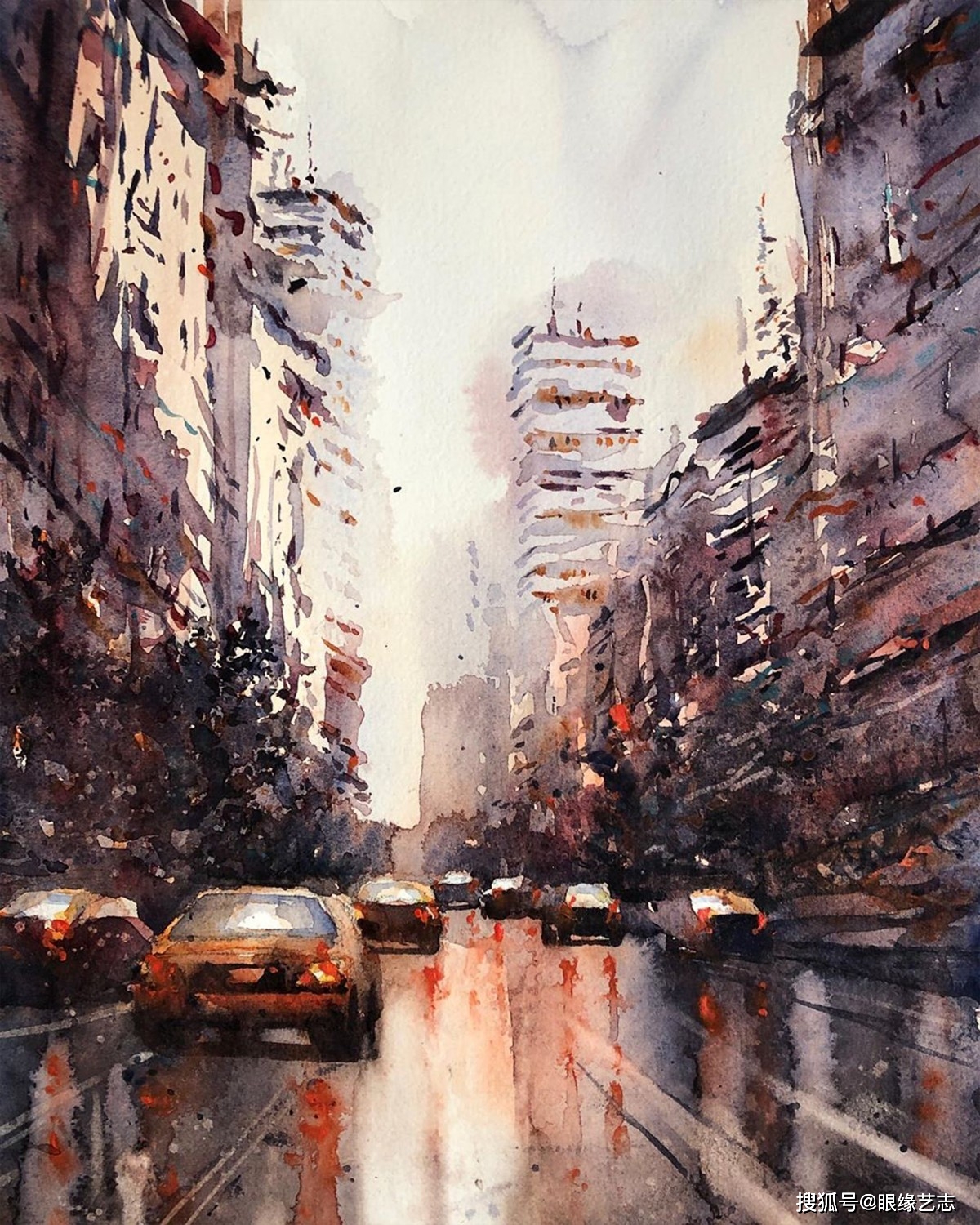 老师眼中的水彩风景色彩里的小城故事旅途中的暮色郊外