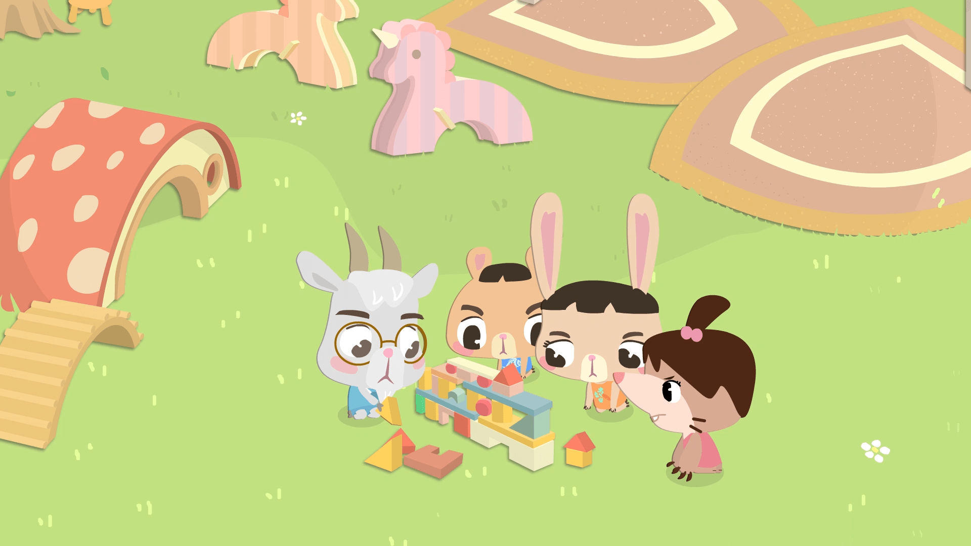 贝贝,淘淘和幼儿园的小朋友们一起玩搭积木游戏